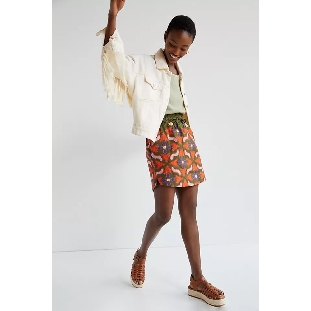 Maeve Anthropologie Abstract Embroidered Mini Skirt Olive Green Cotton Linen L
